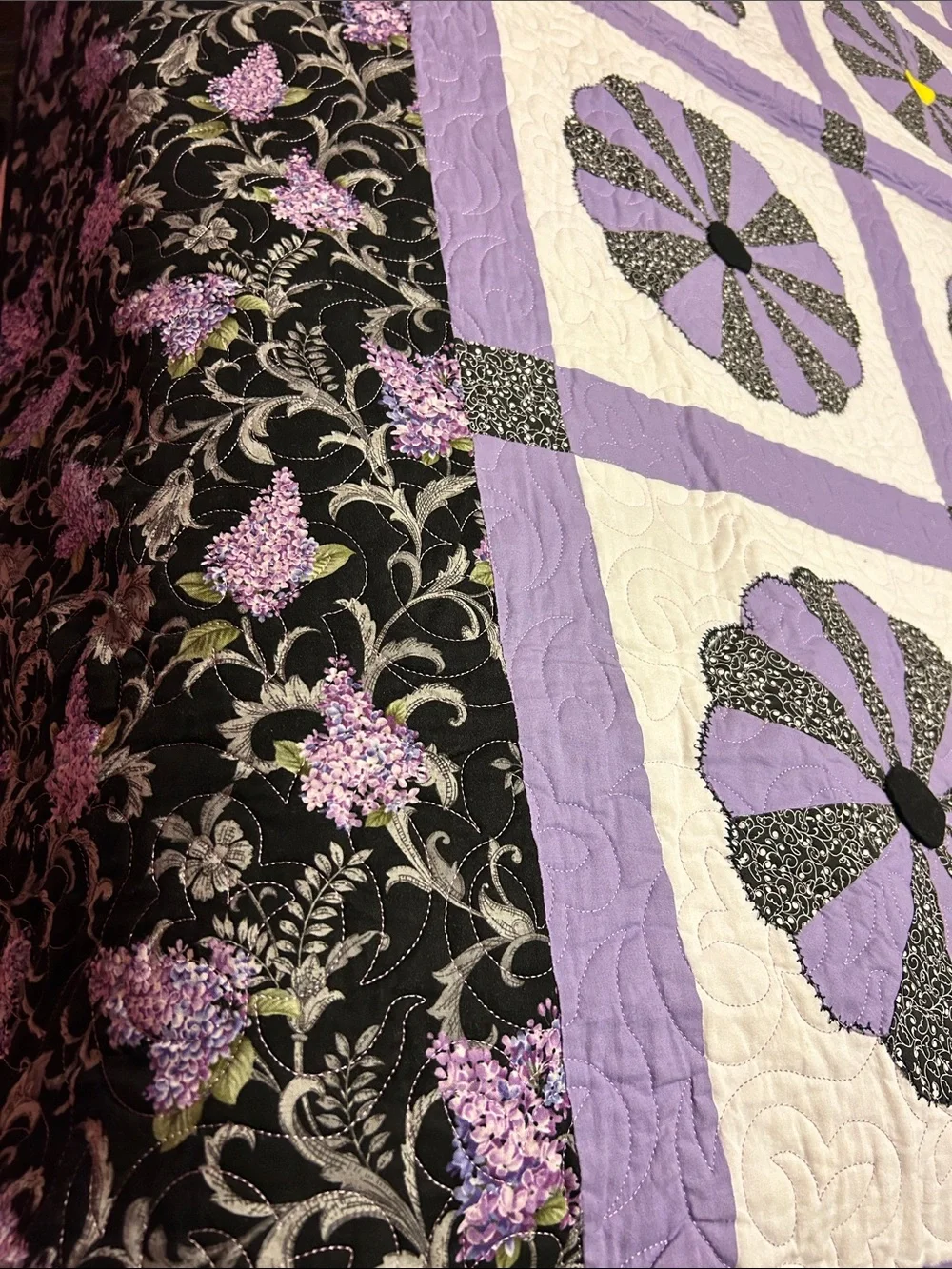 ONE OF A KIND- HANDCRAFTED Floral Quilt in Black, Lavender and Random Yellow